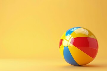 Banner Space for Text: Beach Ball: A vibrant beach ball with stripes of red, yellow, and blue on a light yellow background