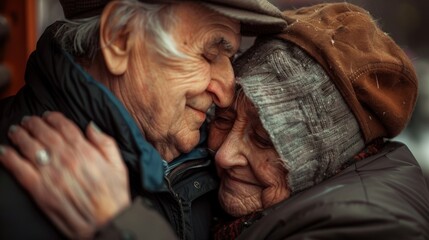 Fototapeta premium A man and woman hug each other, both wearing hats