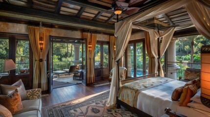 Fototapeta premium A large bedroom with a canopy bed and a white rug. The room has a warm and inviting atmosphere