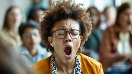 A woman is yawning in a classroom with other people