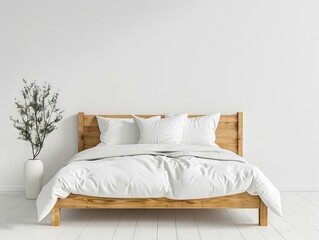 White bed in a white room with a plant.