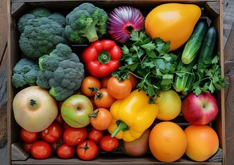 Fresh Organic Vegetables and Fruits in Wooden Crate Top View