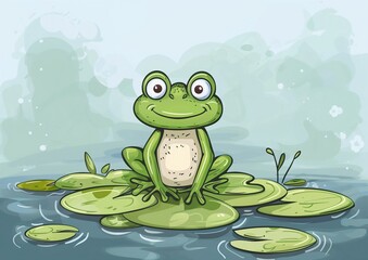 Cute Cartoon Frog Sitting on Water Lily Pad in Pond Illustration