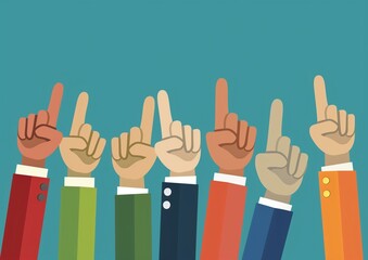 Obraz premium Diverse Team of Professionals Pointing Upwards on Turquoise Background