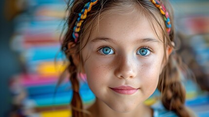 Fototapeta premium A young girl in front of books indoors