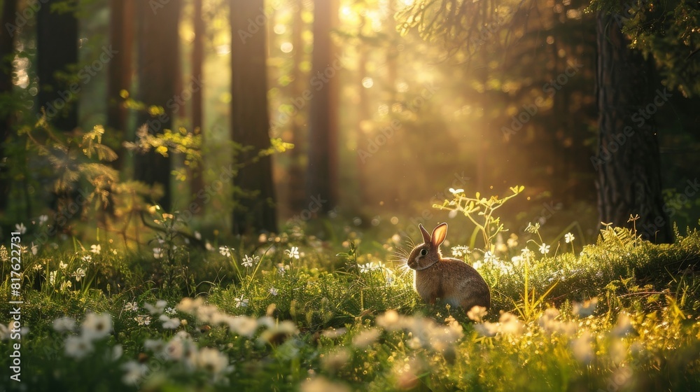 Poster a rabbit is sitting in a field of flowers. the sun is shining brightly, creating a warm and inviting