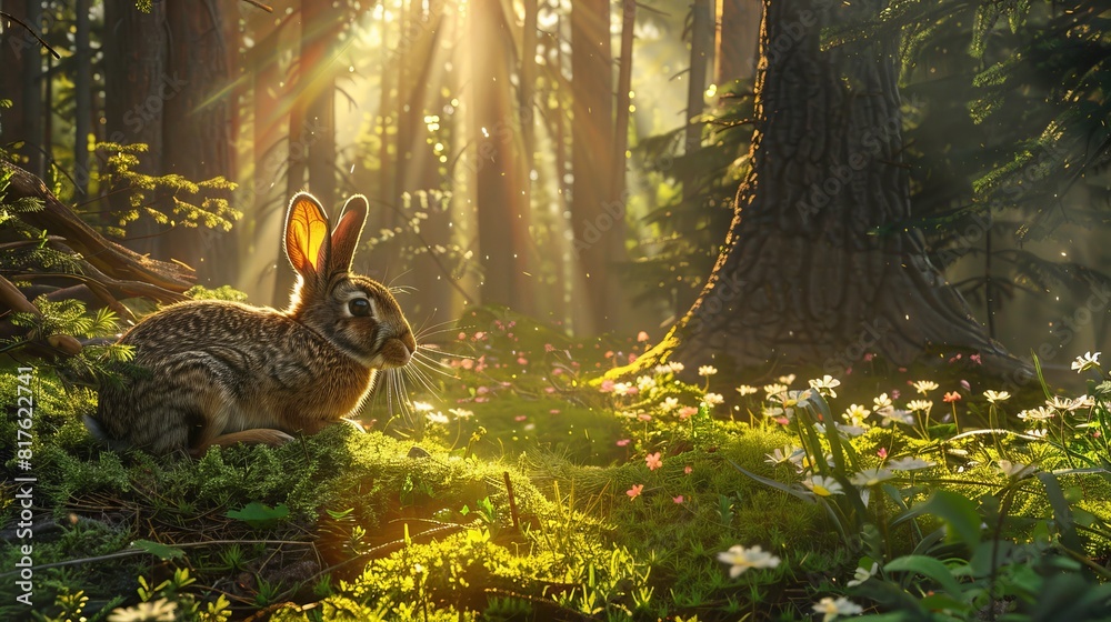 Aufkleber a rabbit is sitting in a field of flowers. the scene is peaceful and serene, with the rabbit being t