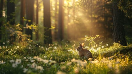A rabbit is sitting in a field of flowers. The sun is shining brightly, creating a warm and inviting atmosphere. The rabbit is enjoying the peaceful surroundings and the beauty of nature - Powered by Adobe