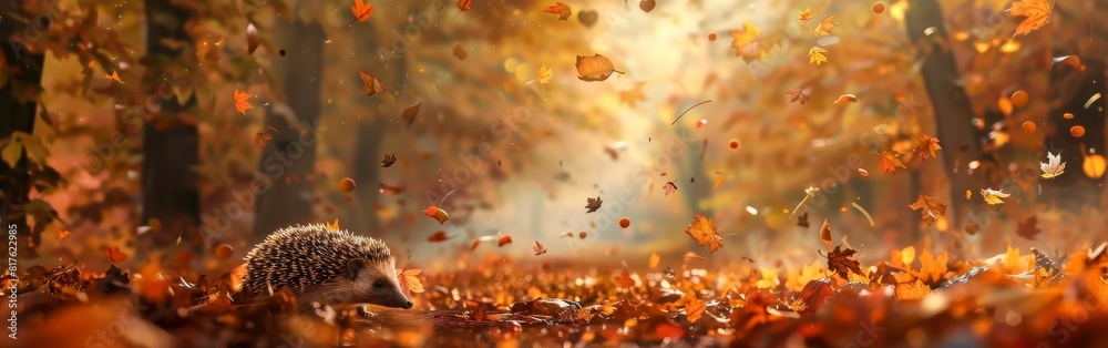 Poster a hedgehog is walking through a forest of fallen leaves. the leaves are scattered all around the hed