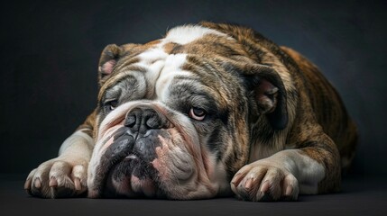 Obraz premium A bulldog dog is laying down on a black background.