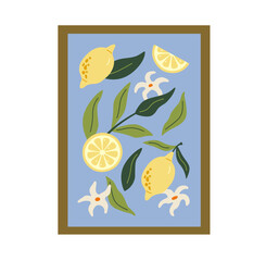 Obraz premium Abstract fruit contemporary art print. Modern poster with hand drawn lemons, leaves, and flowers.