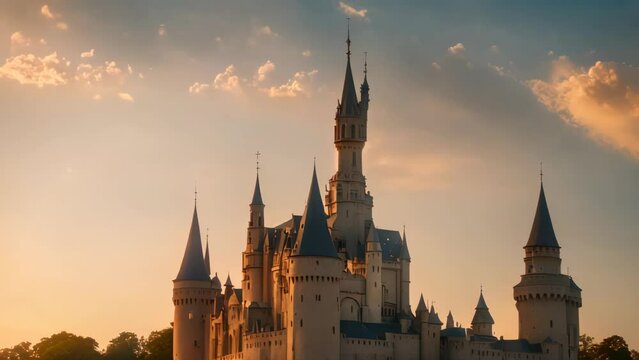 Beautiful castle arial view with sunset sky background.