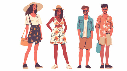 People wearing fashion outfits casual summer clothes.