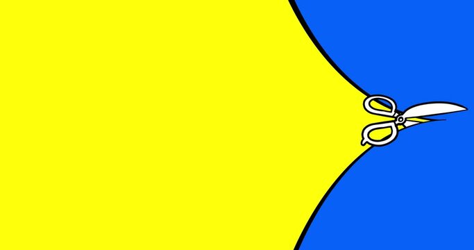 Presentation cartoon sideshow titles color yellow blue transition 3 wipe scissors background. Cartoon animation preset motion design element. Business, finance, education, art, fashion, etc...