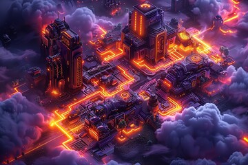 An elaborate, futuristic urban environment is illuminated by flowing lava channels surrounded by dark clouds under a night sky