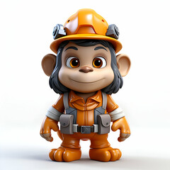3D Render of Little Monkey cartoon character with safety helmet and hard hat
