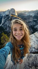 Naklejka premium A girl with long blonde hair is smiling and taking a selfie on a mountain. The photo has a happy and adventurous mood, as the girl is enjoying her time outdoors and capturing the moment