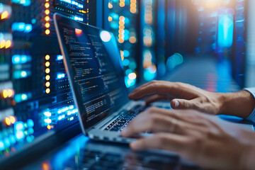 Computer engineer working on laptop computer with server room data center