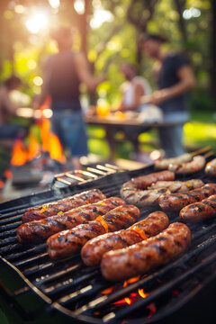 Grill in the garden with sausages, vegetables, and steaks