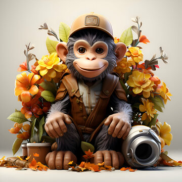 Monkey in a hat with a bouquet of flowers and leaves