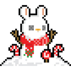 Pixel art cartoon rabbit head snowman character