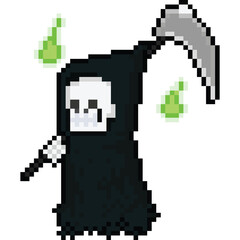 Fototapeta premium Pixel art cartoon reaper with two green spirit character