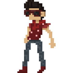 Pixel art cartoon man character in rock and roll cloths