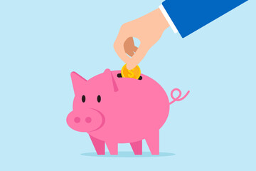 Flat illustration of hand dropping coin into piggy bank investing act saving and wealth