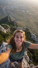Naklejka premium A woman is smiling and taking a selfie from the top of a mountain. The photo captures the beauty of the landscape and the joy of the moment