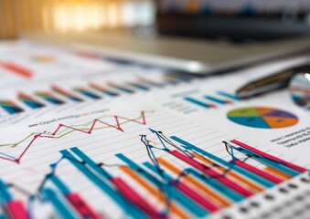 Fototapeta premium Close-up of Detailed Business Financial Report with Colorful Graphs and Data Analysis