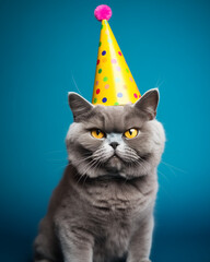 A grey cat wearing yellow party hat on a blue background. Funny birthday card.
