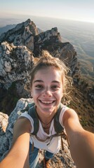 Naklejka premium A smiling woman with a backpack is taking a selfie from the top of a mountain. Concept of adventure and excitement, as the woman is capturing a moment of her journey