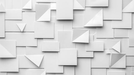 white background with a pattern of triangles and squares, simple geometric shapes in different sizes, giving the impression that it is made up of three-dimensional figures,