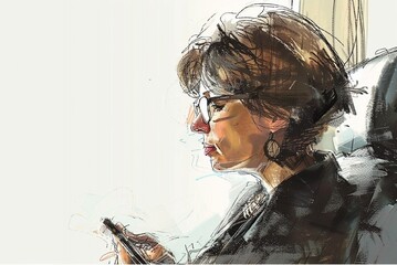 Ultracalistic drawing of a mature, successful woman using a mobile phone while traveling.Travel
