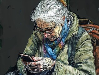 Fototapeta premium Ultracalistic drawing of a mature, successful woman using a mobile phone while traveling.Travel