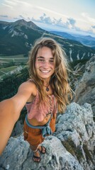 A woman is smiling and taking a selfie on a mountain. The photo has a happy and adventurous mood
