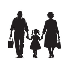 Silhouette  of grandparents walking with 
granddaughter Illustration icon vector