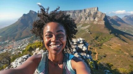 Naklejka premium A woman with curly hair is smiling and taking a selfie on a mountain. The photo has a happy and carefree mood, as the woman is enjoying the beautiful scenery and the moment