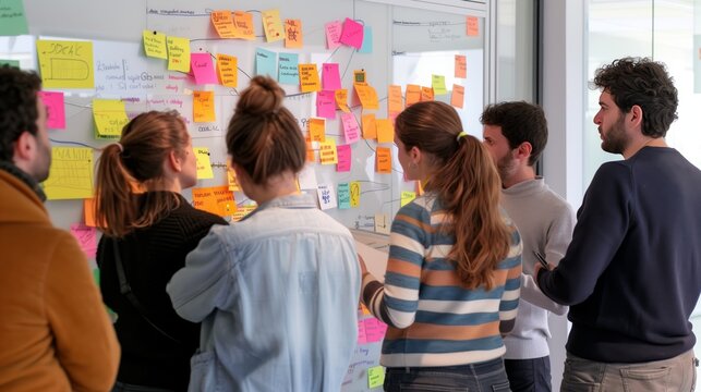 Team has a creative session, using a whiteboard and sticky notes for ideas.