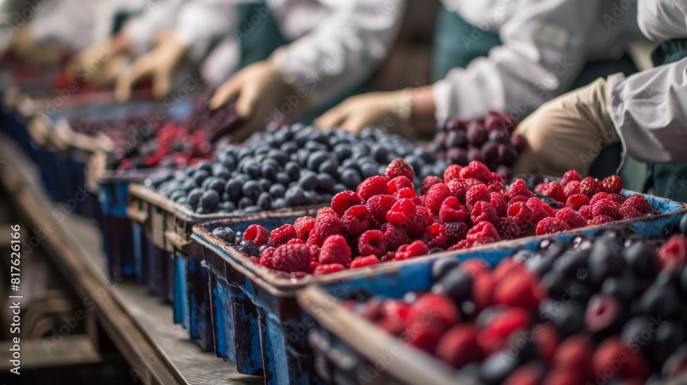Poster a group of people are working on a line of blue baskets filled with red berries. scene is busy and f