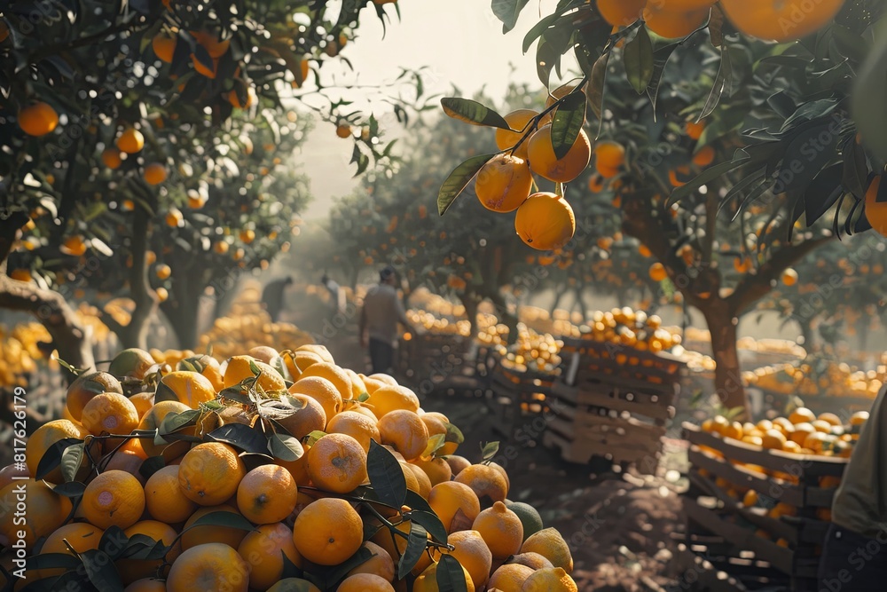 Canvas Prints Citrus Harvest: A grove filled with orange and lemon trees, with workers picking and loading the fruits into crates