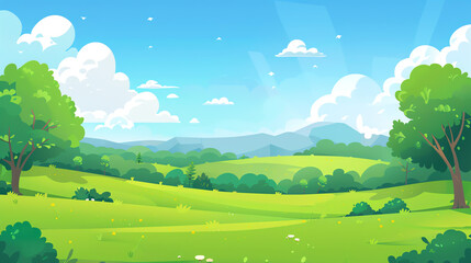 Green landscape with rolling hills and fluffy clouds under a bright blue sky