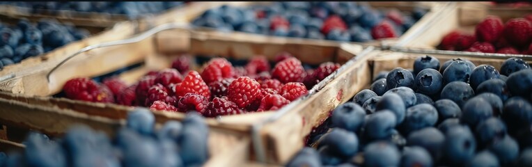A basket of blueberries and raspberries. The blueberries are in the bottom right corner and the...