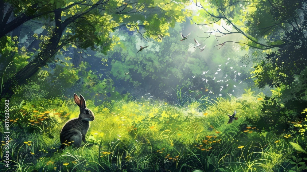 Poster a rabbit is sitting in a field of grass. the sky is blue and the sun is shining brightly. there are 