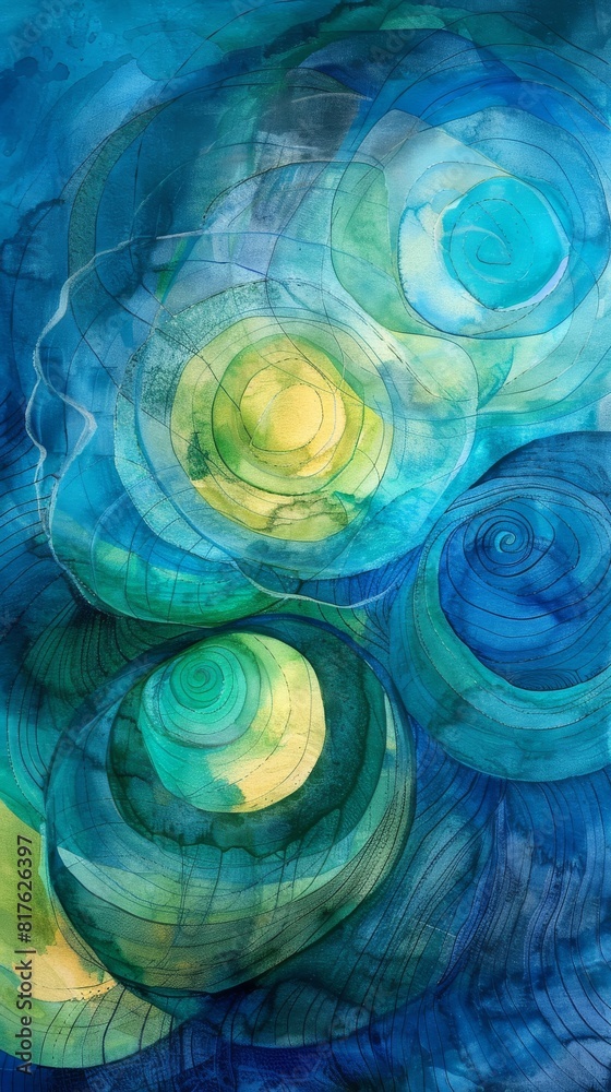Aufkleber A painting of blue and yellow circles with a blue background. The circles are of different sizes and are arranged in a way that creates a sense of movement and depth