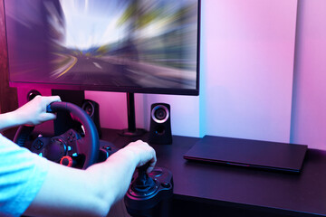 A person is playing a video game with a steering wheel