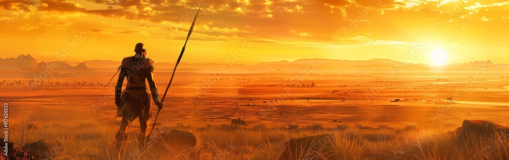 Poster a man stands in a desert with a spear in his hand. the sky is orange and the sun is setting