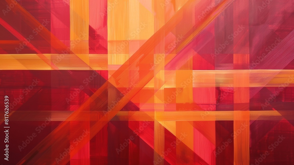 Poster a painting of red and orange stripes with a yellow line in the middle. the painting is abstract and 