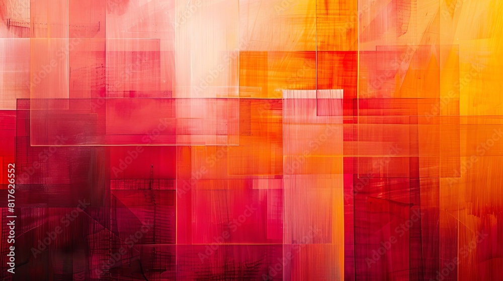 Poster a painting of a red and orange background with squares of different colors. the painting is abstract