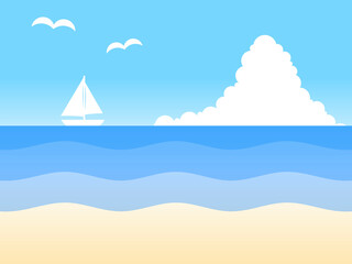 グラデーション空と海とヨットとカモメと入道雲背景B：青白